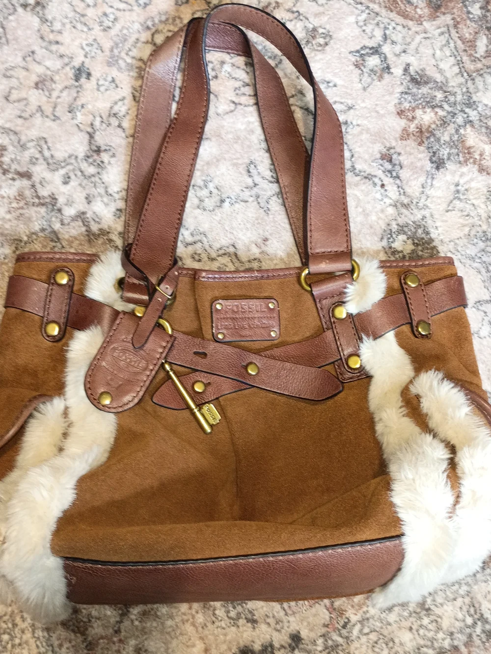 Fossil Long Live Adrina - Brown Cow Hide & Leather Tote with Faux Fur Trim - Picture 1 of 11